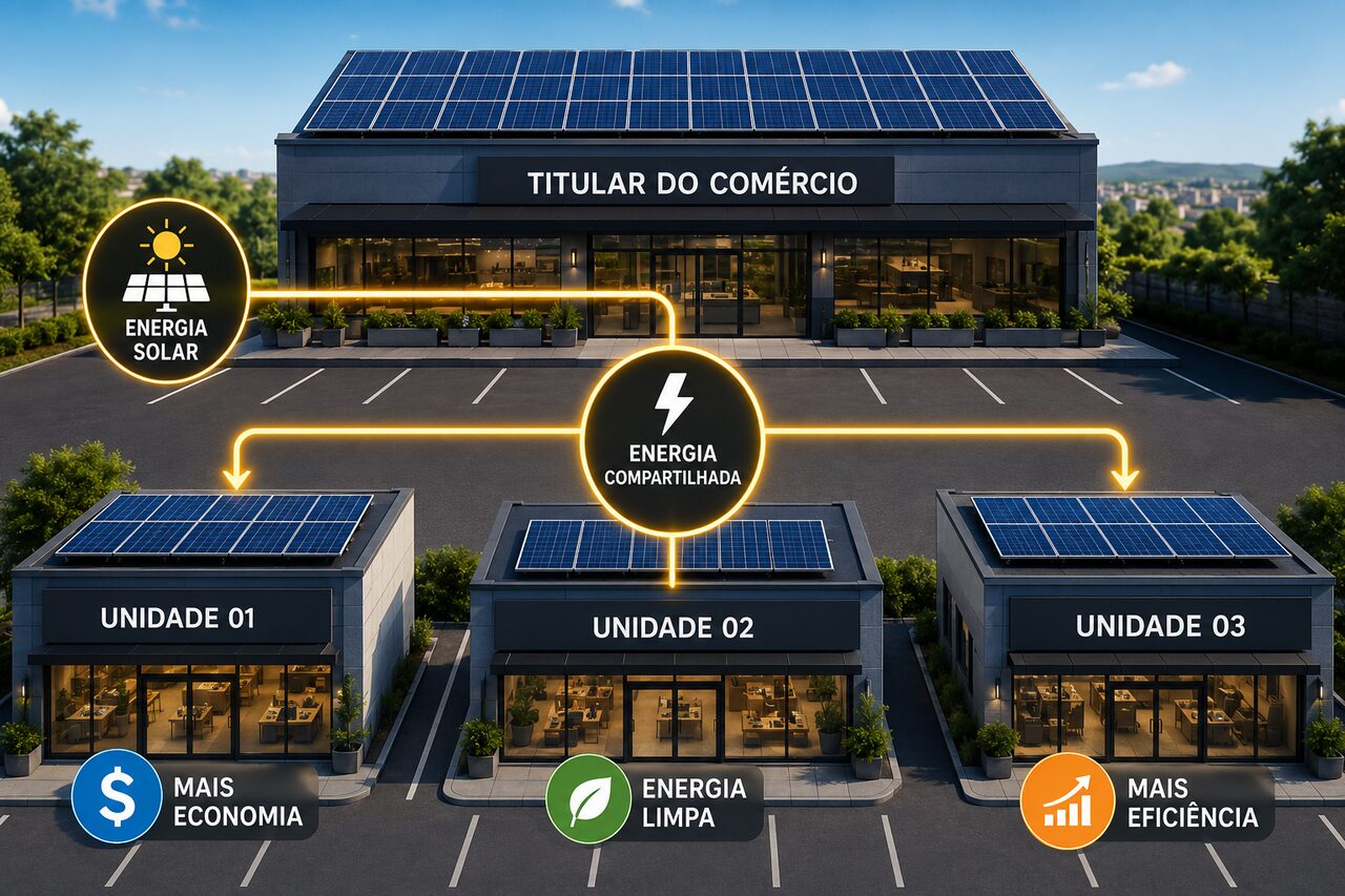 Infográfico mostrando a energia solar do titular do comércio compartilhada com outras três unidades: mais economia, energia limpa e mais eficiência