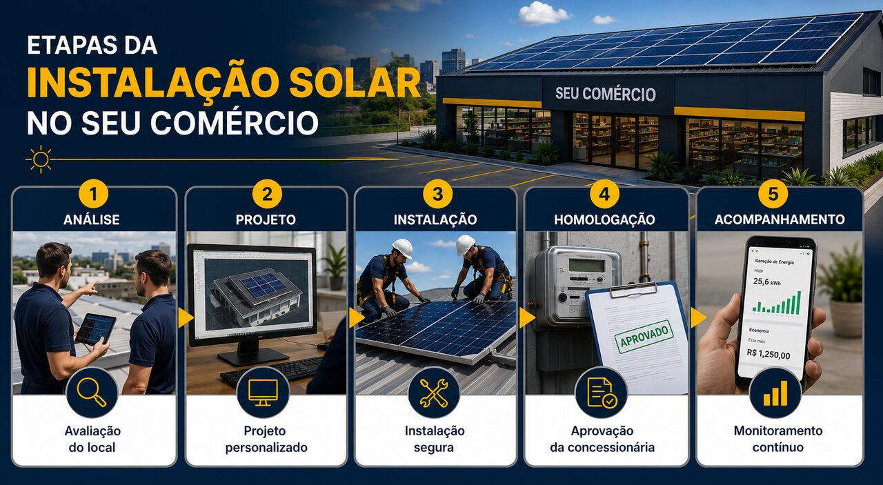 Infográfico com as 5 etapas de instalação de energia solar em comércio: análise, projeto, instalação, homologação e acompanhamento
