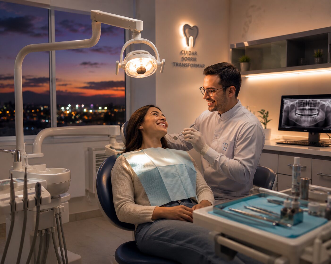 Dentista atendendo paciente normalmente, consultório com energia funcionando