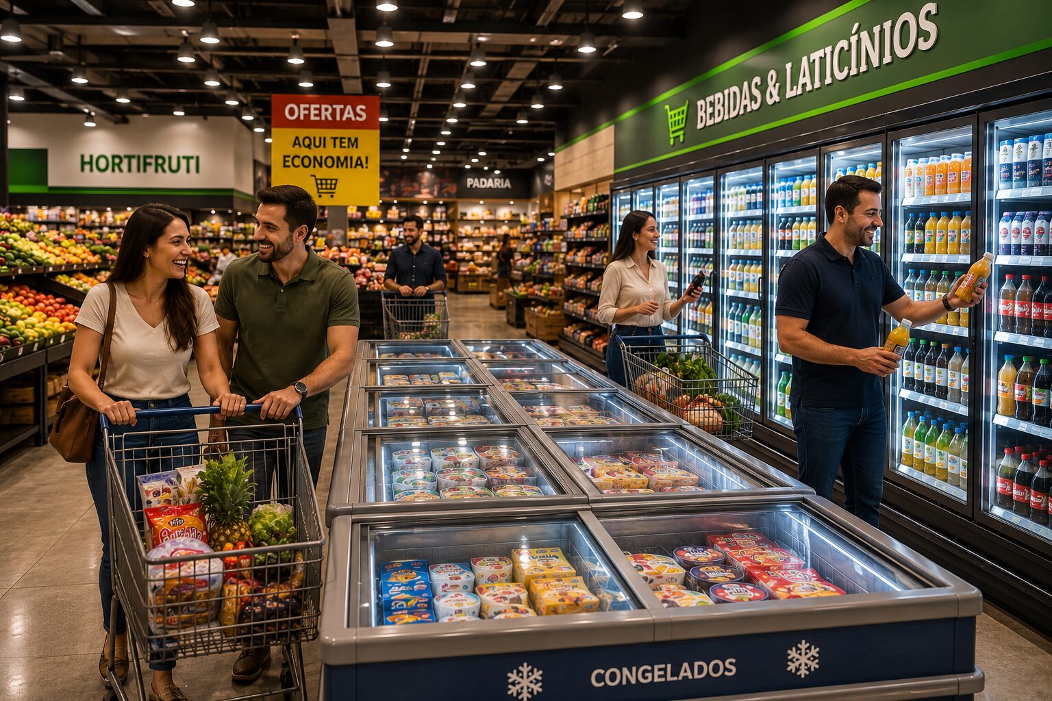 Mercado movimentado com clientes às compras, energia normal