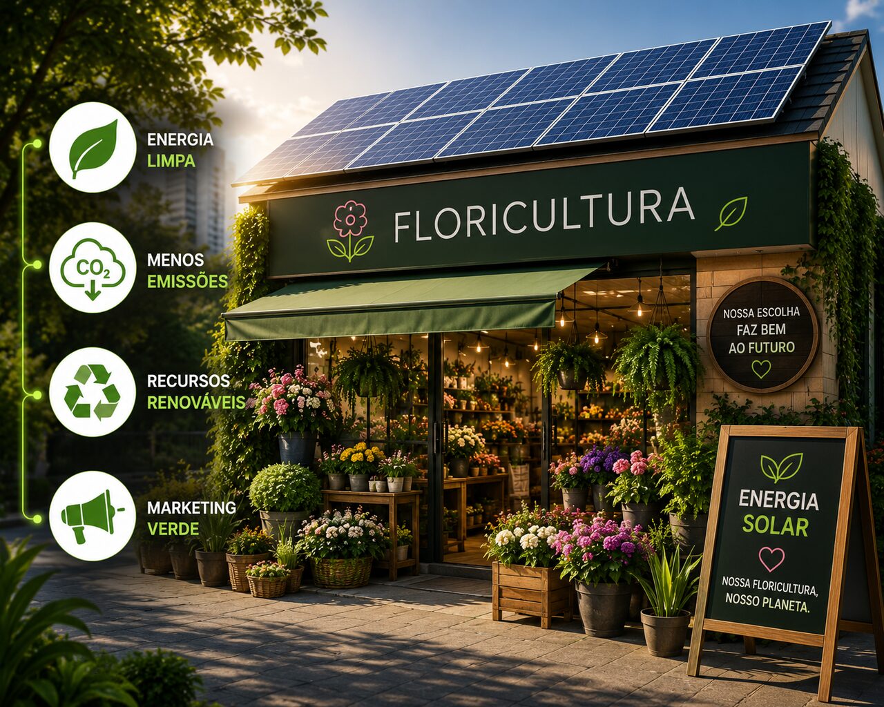 Floricultura com painéis solares e selos de energia limpa, menos emissões e marketing verde