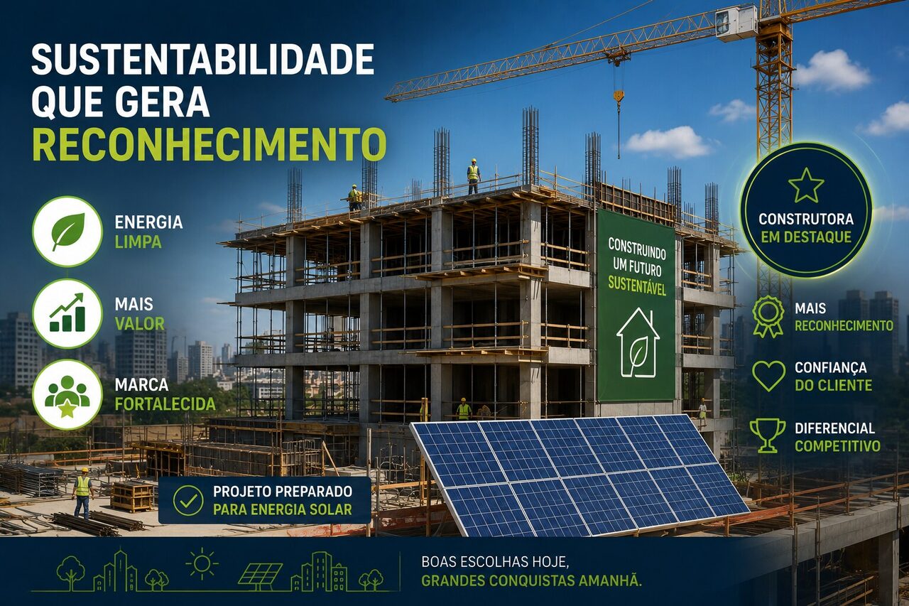 Obra em andamento com painéis solares instalados e selo de construtora em destaque, com os pontos energia limpa, mais valor e marca fortalecida