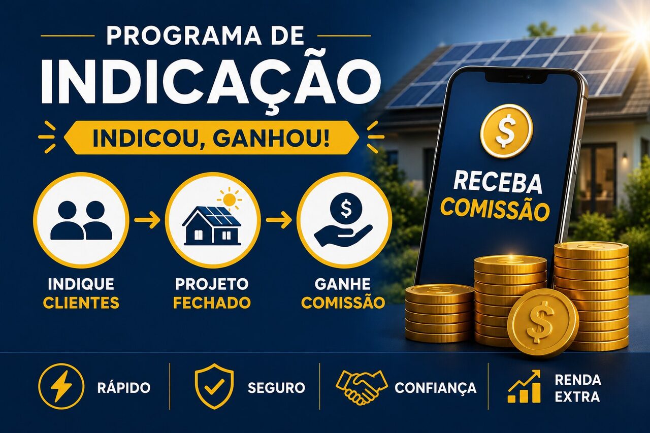 Infográfico do programa de indicação da VR Solar: indique clientes, projeto fechado e ganhe comissão