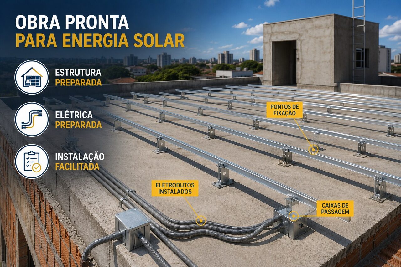 Laje pronta para energia solar, com eletrodutos instalados, caixas de passagem e pontos de fixação já previstos