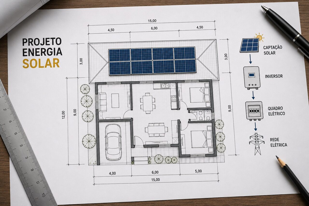 Planta baixa de residência com sistema de energia solar já previsto no projeto, com o fluxo captação solar, inversor, quadro elétrico e rede elétrica