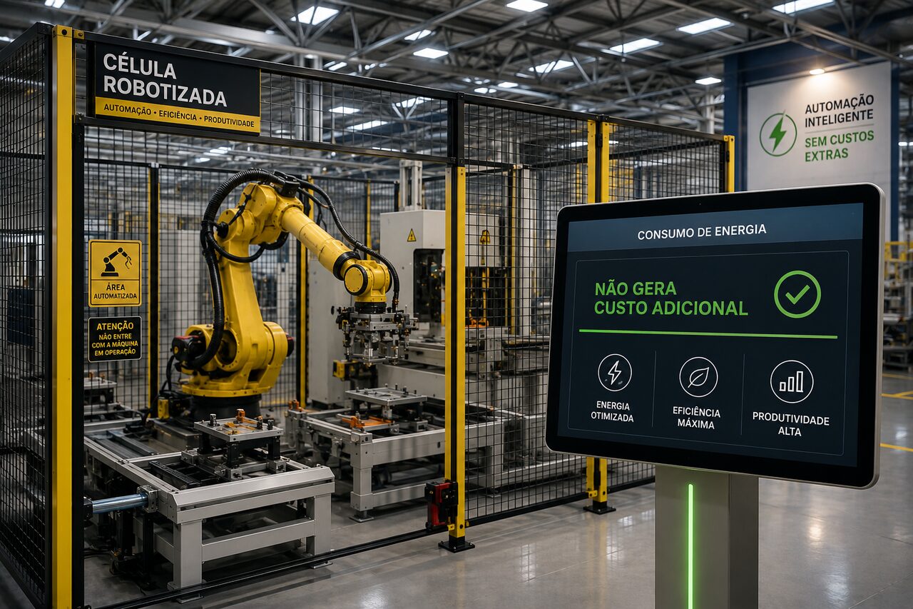 Célula robotizada em linha de produção industrial, com painel mostrando que a automação não gera custo adicional de energia