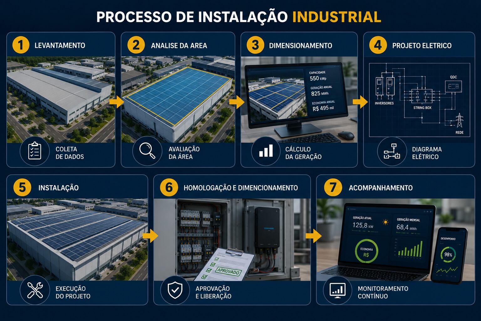 Infográfico com as 7 etapas do processo de instalação industrial: levantamento, análise da área, dimensionamento, projeto elétrico, instalação, homologação e acompanhamento