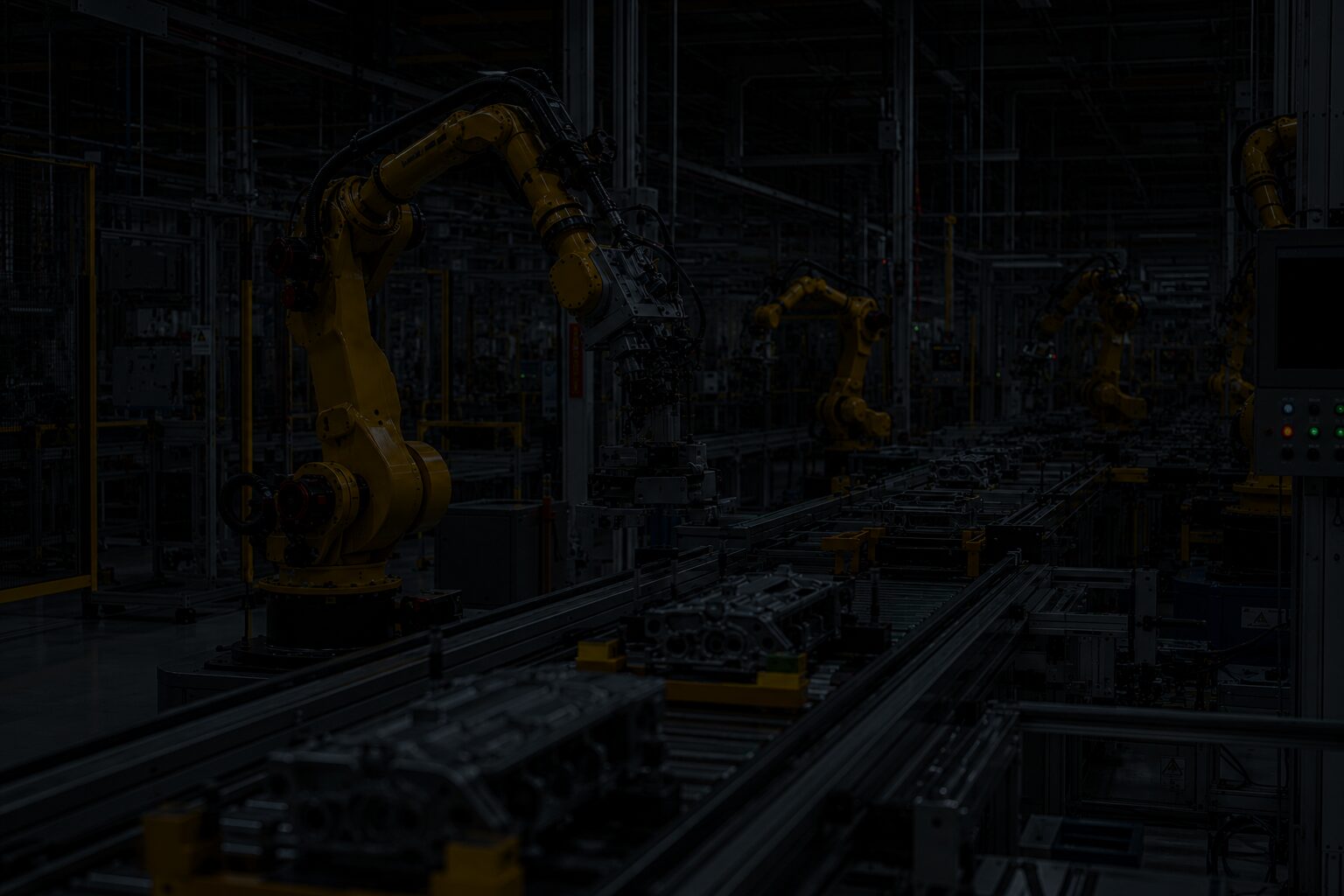 Mesma linha de produção robotizada parada e às escuras durante uma queda de energia
