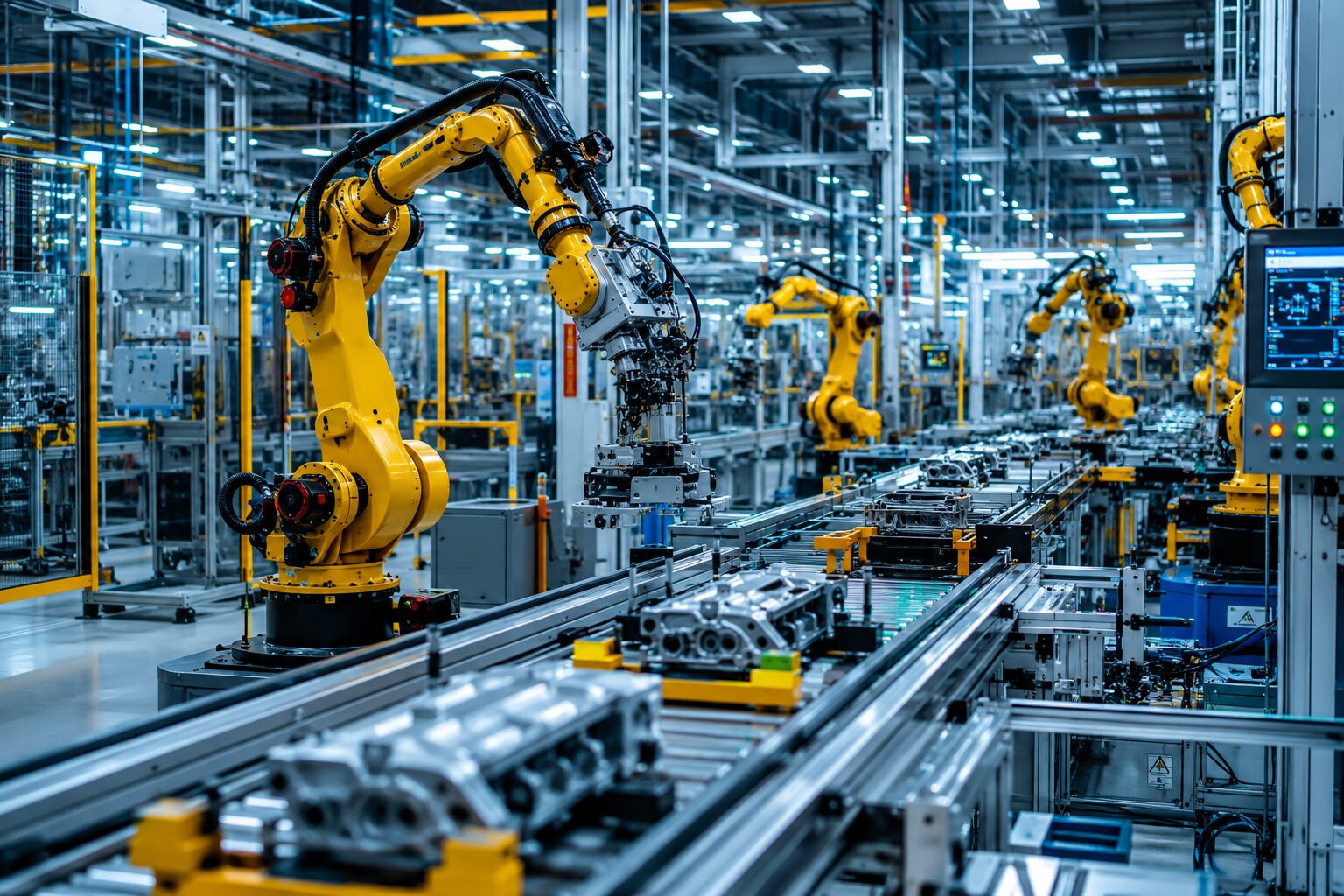 Linha de produção industrial totalmente robotizada em operação, energia normal