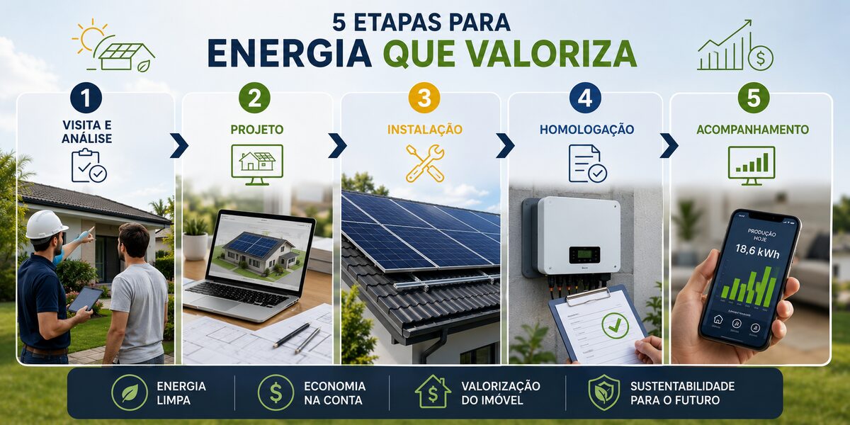 5 etapas para energia que valoriza: visita e análise, projeto, instalação, homologação e acompanhamento
