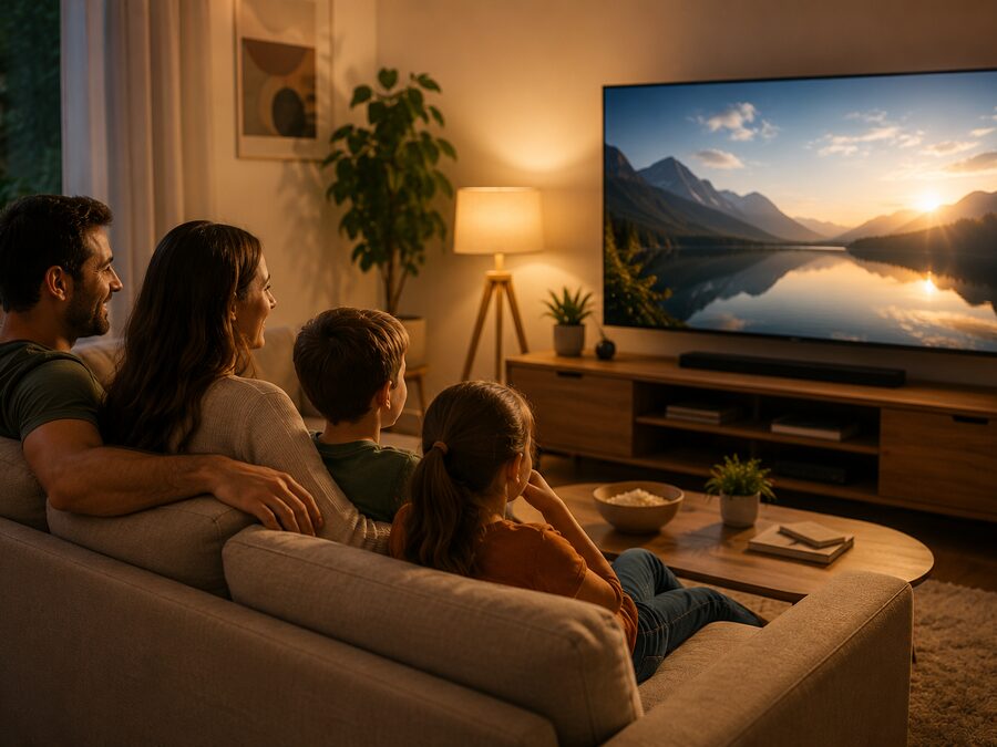 Família assistindo TV à noite com as luzes de casa acesas, energia normal