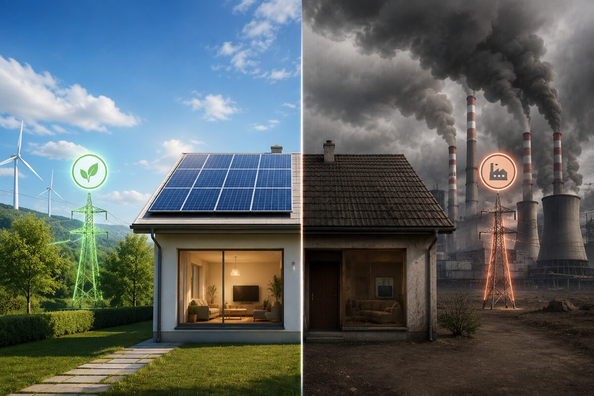 Comparação: casa com energia solar limpa de um lado, e do outro poluição de chaminés industriais gerando energia