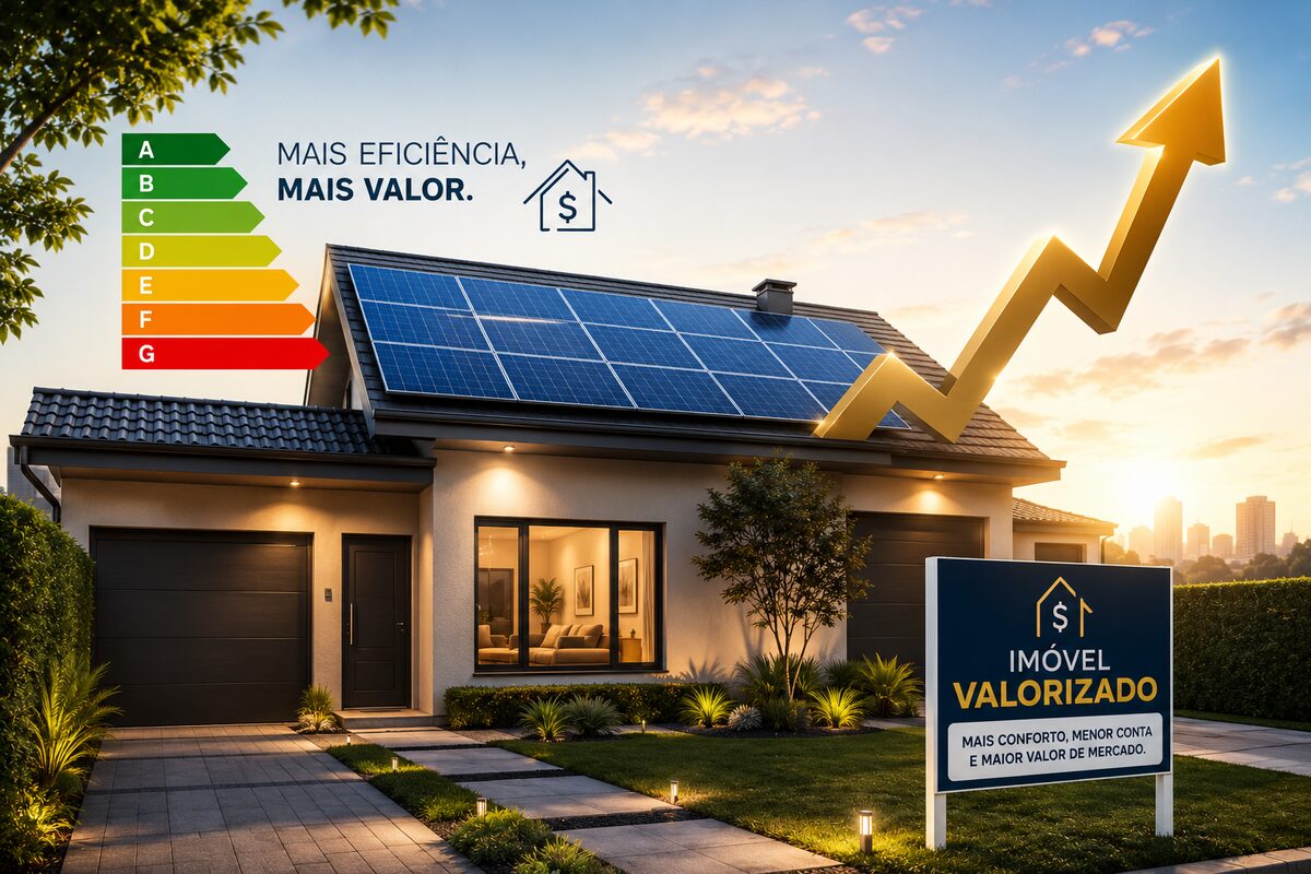 Casa com painéis solares, selo de eficiência energética e placa de imóvel valorizado