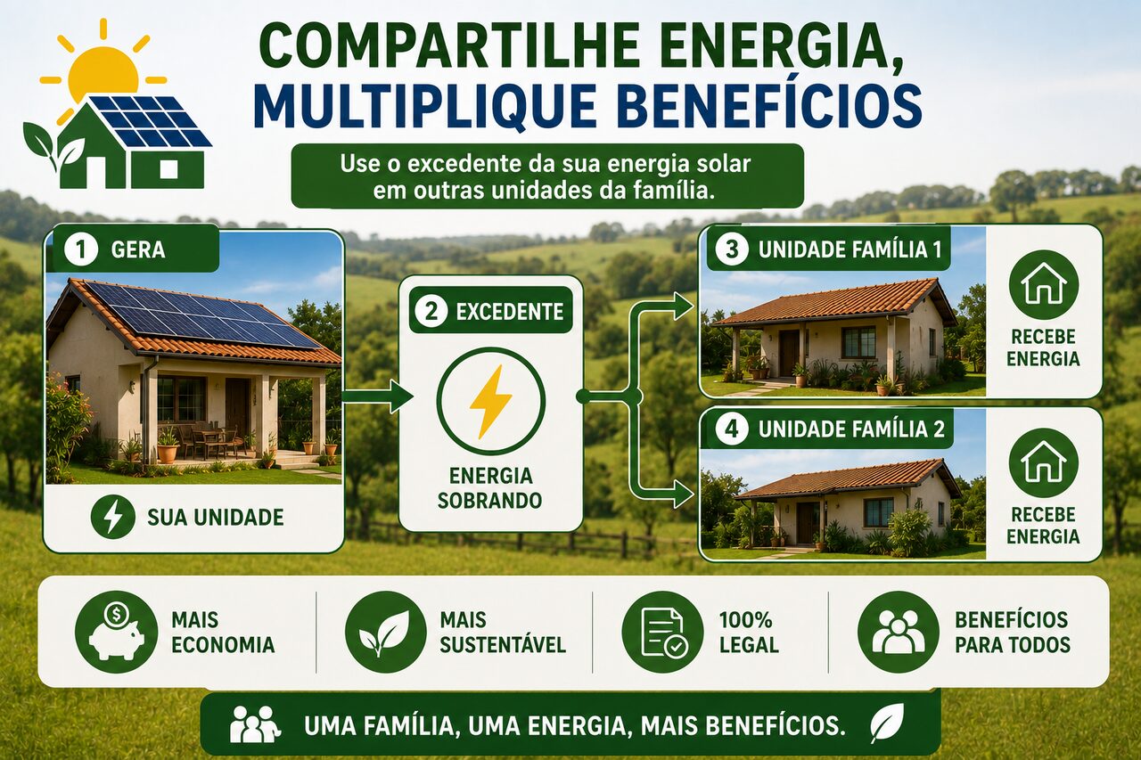 Infográfico mostrando o excedente de energia solar de uma propriedade compartilhado com outras duas unidades da família