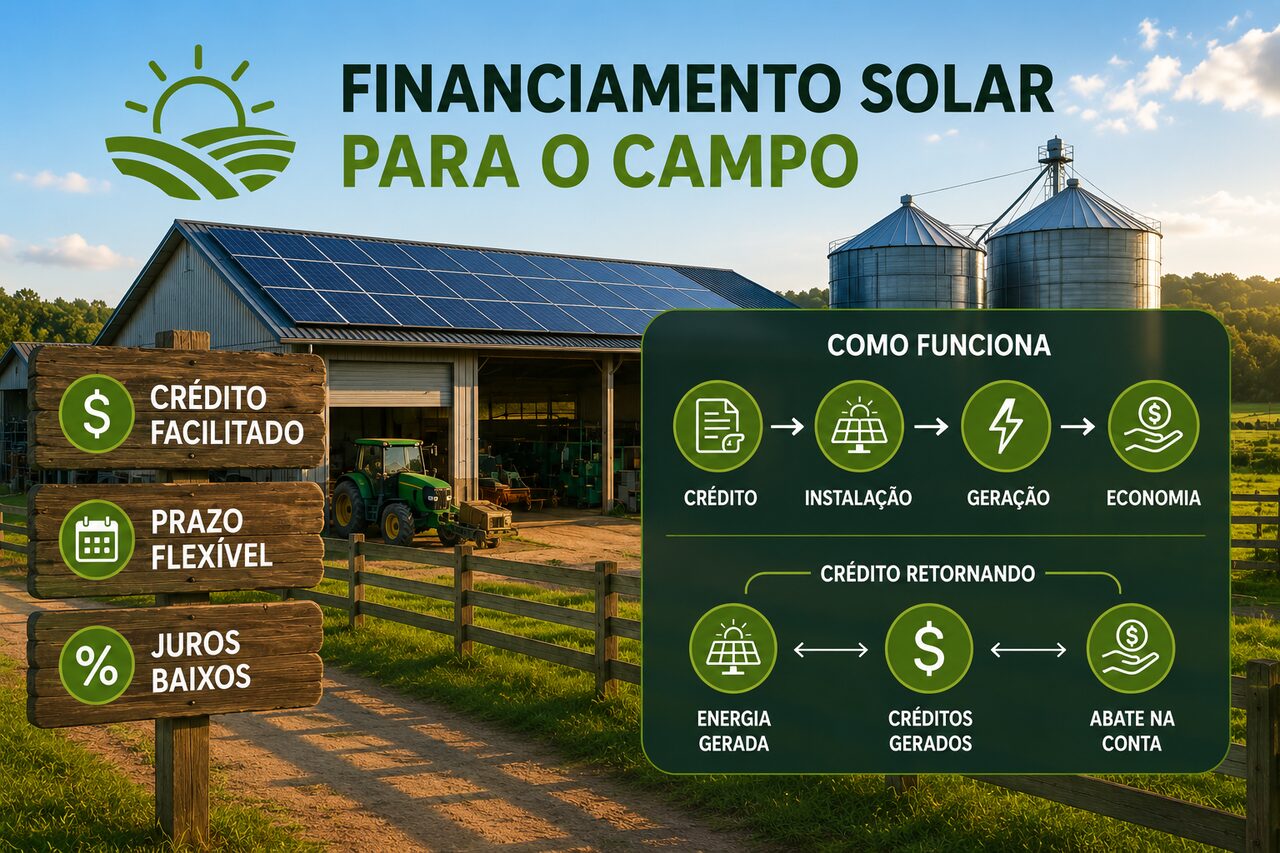 Infográfico de financiamento solar para o campo: crédito facilitado, prazo flexível e juros baixos, com as etapas crédito, instalação, geração e economia