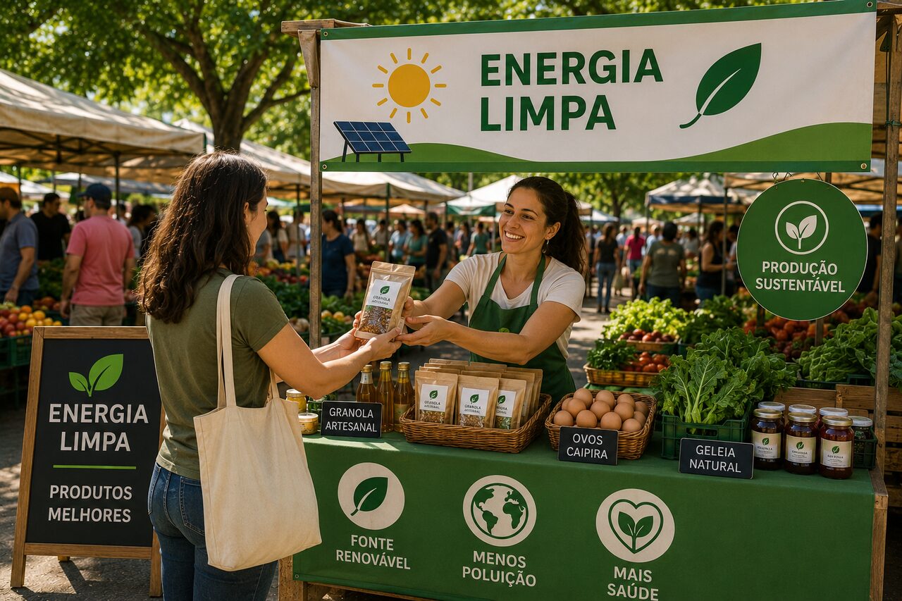 Produtora vendendo produtos em feira local com banner de energia limpa e selo de produção sustentável