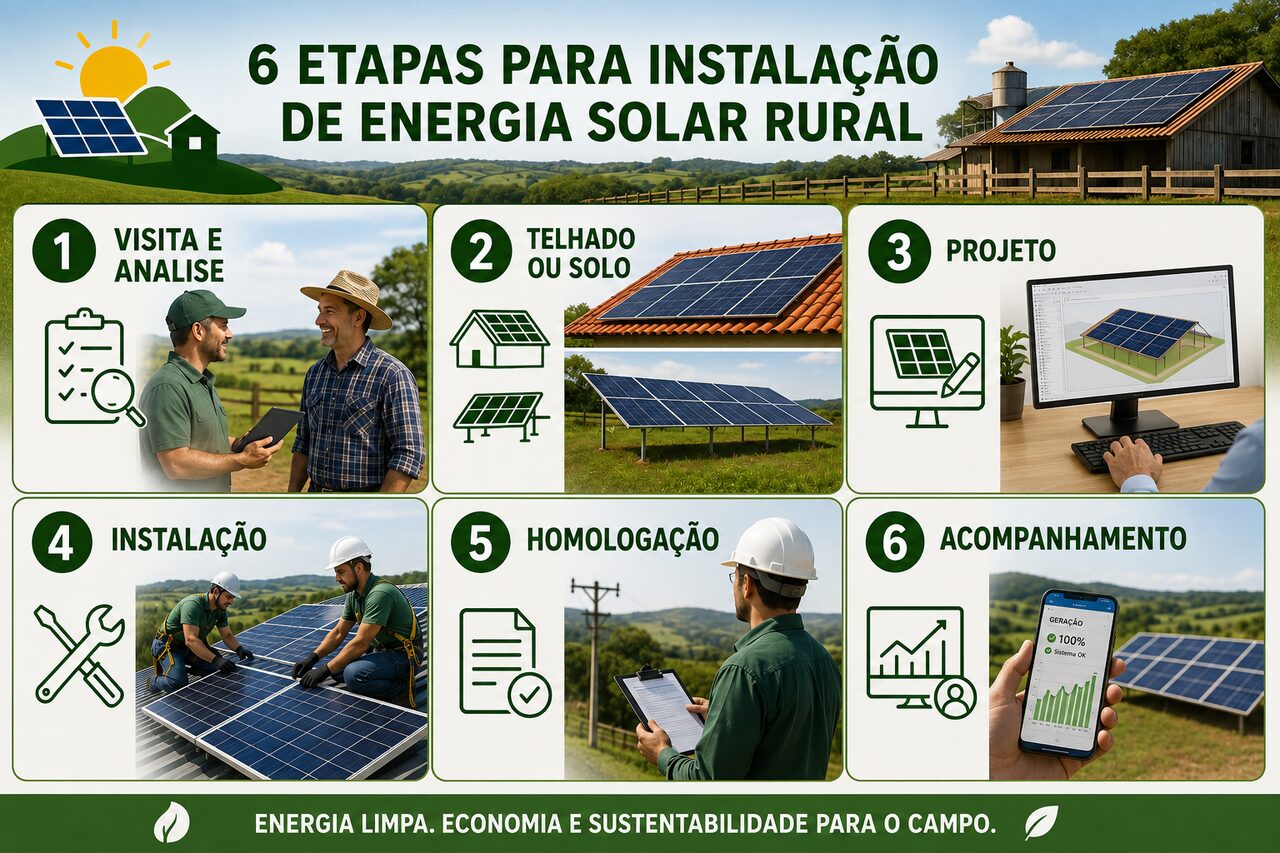 Infográfico com as 6 etapas de instalação de energia solar rural: visita e análise, telhado ou solo, projeto, instalação, homologação e acompanhamento