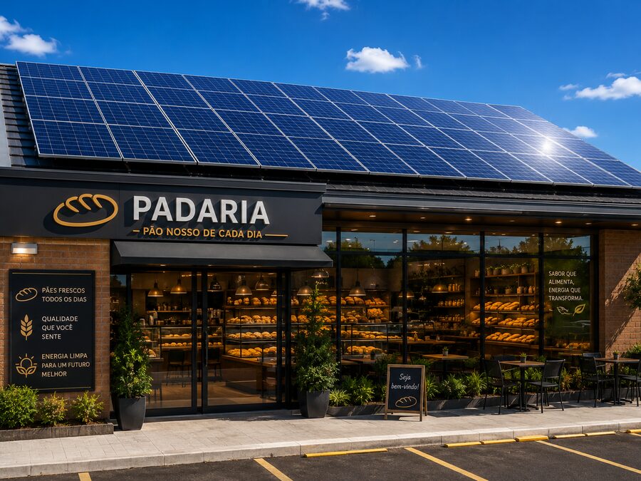 Fachada comercial com painéis solares instalados