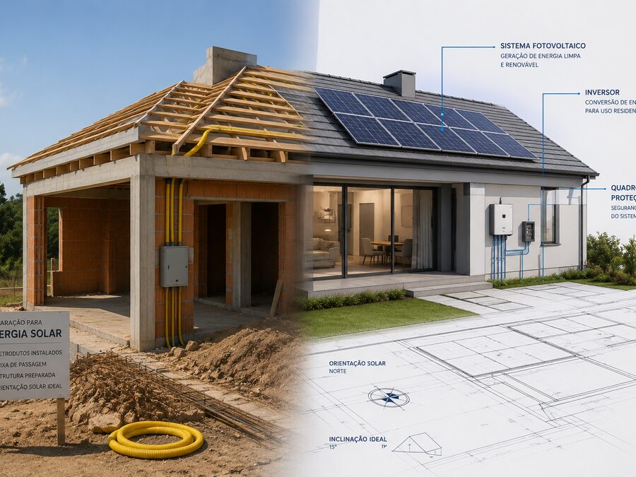 Obra em construção com estrutura preparada para energia solar
