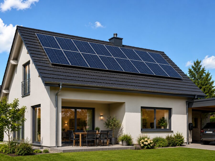Casa residencial com painéis solares no telhado