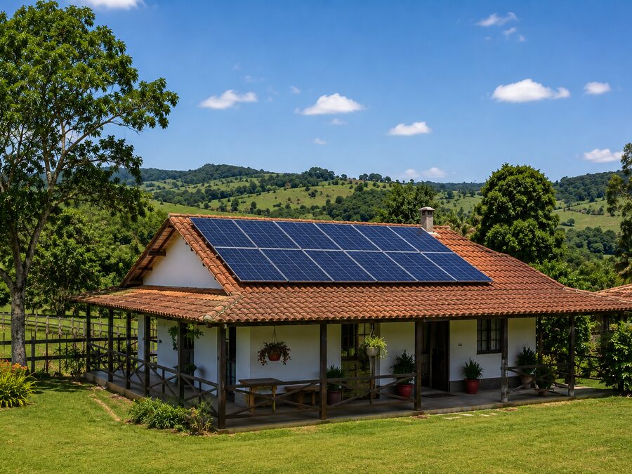Propriedade rural com painéis solares instalados no campo